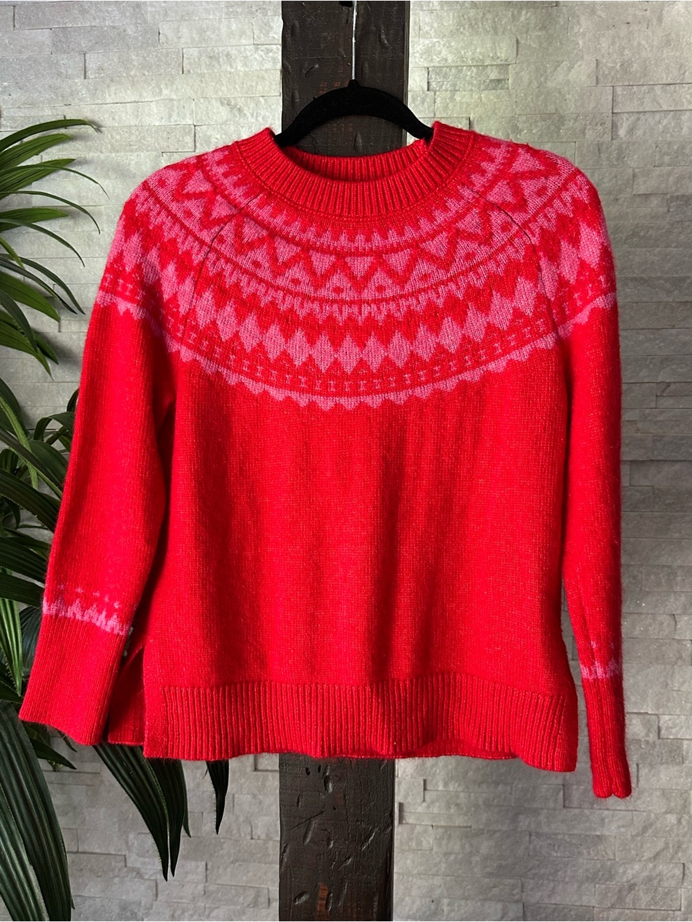 Talbots Red Pink Nordic Yoke Fair Isle Wool Blend Sweater Size MP